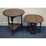 AN EARLY 20TH CENTURY CARVED OAK TRIANGULAR DROP LEAF OCCASIONAL TABLE together with a small oak