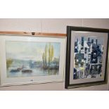 PAINTINGS AND PRINTS ETC, to include J.Wingate watercolour of barges on a continental river, framed,