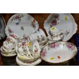 ROYAL ALBERT 'MOSS ROSE' TEASET, comprising cake plate, milk jug (hairline), sugar bowl, six