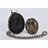A SILVER AGATE BROOCH AND A HIGH RELIEF CAMEO PENDANT NECKLACE, the silver brooch designed with an
