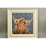 JENNIFER HOGWOOD (BRITISH 1980) 'TARTAN LOVE' Highland Cow against a tartan background, signed lower