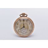 AN OPEN-FACED WALTHAM POCKET WATCH, silver stripped design dial, Arabic numerals, blue hands,