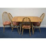 AN ERCOL MODEL 383 BLONDE ELM AND BEECH DROP LEAF DINING TABLE, on square out splayed tapering legs,