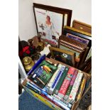 THREE BOXES AND LOOSE BOOKS, PICTURES, BINOCULARS, LAMPS, ETC, books including interest in natural