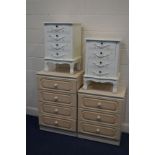 A PAIR OF WHITE PAINTED FRENCH STYLE FOUR DRAWER BEDSIDE CABINETS (sd), together with two modern