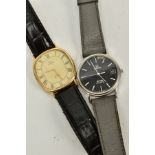 TWO OMEGA DE VILLE QUARTZ WRISTWATCHES, the first with a cushion case, discoloured and worn cream