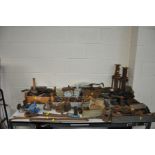 A LARGE COLLECTION OF ENGINEERING TOOLS AND HARDWARE, including pipe threading tools, two small Acro