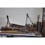 A SELECTION OF GARDENING AND WOODWORKING TOOLS, including wooden smoothing and moulding planes, a