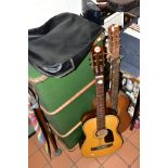 A VINTAGE TRAVELLING TRUNK, WOODEN AND LEATHER BELLOWS, BOX OF RECORDS, A SHOOTING STICK, etc, to