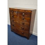 A GEORGE III FLAME MAHOGANY BOWFRONT CHEST OF TWO OVER FOUR LONG GRADUATING DRAWERS, the top with