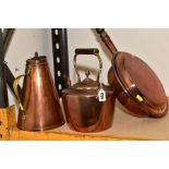 A VICTORIAN COPPER KETTLE, a 19th Century copper warming pan on a turned wooden handle and an
