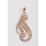 A YELLOW METAL OPENWORK PENDANT, of scroll design, embellished with circular cut cubic zirconia,