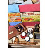 A BOX OF GAMES, PLAYING CARDS, SUNDRIES ETC, to include 'Touring England' board game, boxed