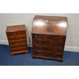 A MODERN MAHOGANY BUREAU with a fitted interior, width 74cm x depth 47cm x height 100cm (key)