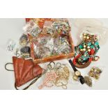 A BOX OF COSTUME JEWELLERY AND A BAG, the floral designed jewellery box, with contents such as a