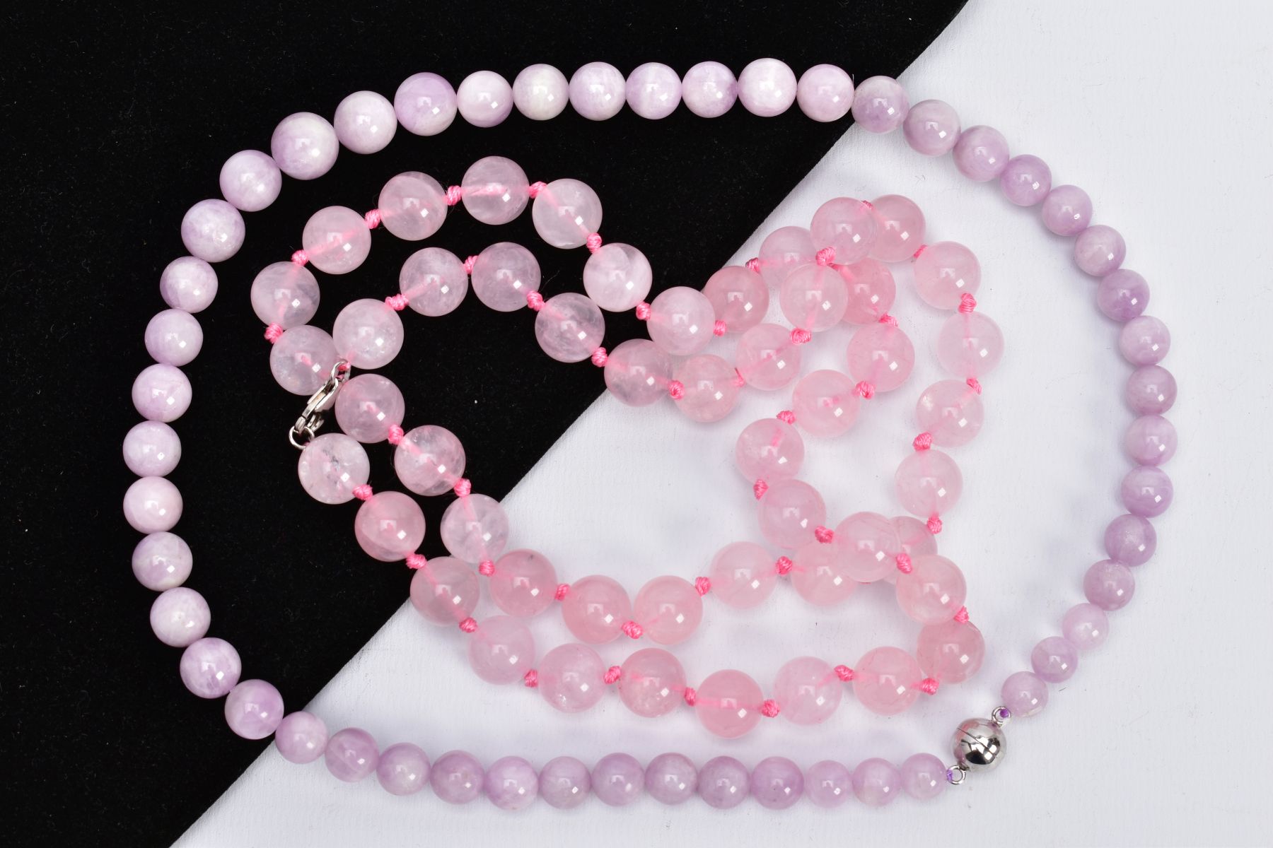 ROSE QUARTZ AND LAVENDER JADE BEAD NECKLACES, the first designed with rose quartz circular beads,