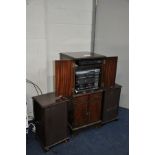 A REPRODUCTION MAHOGANY HI-FI CABINET AND MATCHINIG SPEAKER CABINETS, containing a Sony XO-750W Hi-