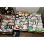 THREE BOXES OF TEA CUPS, some having saucers, including Minton, Masons, Royal Doulton, Royal