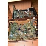 TWO BOXES OF VINTAGE GLASS BOTTLES AND JARS, including a small quantity of stoneware items, some