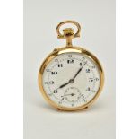 AN OPEN FACED POCKET WATCH, white dial, Arabic numerals, seconds subsidiary dial at the six o'