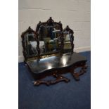 A DISTRESSED VICTORIAN MAHOGANY WALL MOUNTED CONSOLE TABLE, the triple mirror back with foliate vine
