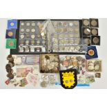 A BOX OF COINS AND COMMEMORATIVES, to include a coin album and small amounts other coinage eg. old
