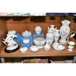 A GROUP OF WEDGWOOD AND OTHER TRINKETS, VASES, etc, comprising twelve 'Angela' pattern trinkets