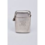 A SILVER VESTA, of a rounded rectangular form, plain polished design with engrave initials to the