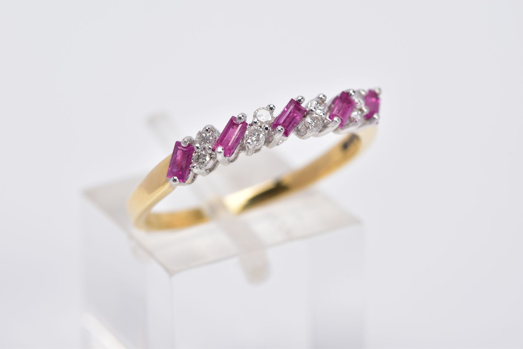 AN 18CT GOLD RUBY AND DIAMOND HALF HOOP RING, designed with a row of titled rectangular cut - Image 4 of 4