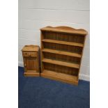 A MODERN PINE OPEN BOOKCASE, width 92cm x depth 23cm x height 123cm together with a pine bedside