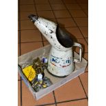 A QUANTITY OF MOTORING MEMORABILIA, a half gallon Mobile Oil can/jug (decals worn and paint loss),