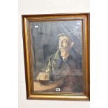 A PORTRAIT OF A WORKING MAN IN A PUB, smoking a pipe, pint glass in hand, unsigned watercolour,