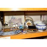 A GROUP OF CERAMICS, GLASSWARE, METALWARES, PRINT, ETC, including a metal cased W.A.Camkin snooker