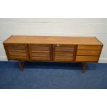 A MCINTOSH AND CO TEAK SIDEBOARD, with triple louvre cupboard doors flanked by three graduating