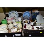 TWO BOXES OF CERAMICS AND CUTLERY, ETC, including mugs, small mixing bowls, vases, Victorian