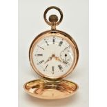A SWISS 14CT GOLD FULL HUNTER POCKET WATCH, white dial, Roman numerals, seconds subsidiary dial at