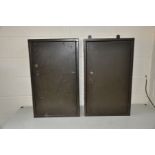 A PAIR OF VINTAGE STOR METAL WORKSHOP CUPBOARDS with a single door and two keys, two shelves to each