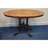 A LATE VICTORIAN BURR WALNUT OVAL TOPPED LOO TABLE, width 118cm x depth 65cm x height 72cm (detached