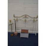 A MODERN METAL 5' HEADBOARD, together with a painted stool, brass warming pan, modern candle stand