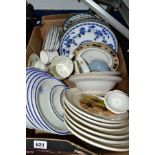 A BOX OF CERAMICS, including six late Victorian/Edwardian plate warmers, Denby Minstral dinner