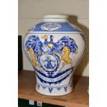 A HANDGEMALT POTTERY APOTHECARY'S JAR, bearing crest and motto 'OPIFERQVE: PER:ORBEM:DICOR',