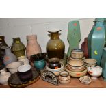 A GROUP OF STUDIO POTTERY ITEMS, to include Michael John Haswell octagonal temple jars, green