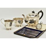 A SILVER OPENFACED POCKET WATCH, TEAPOT, SUGAR BOWL, MILK JUG AND CASED KNIVES, the pocket watch