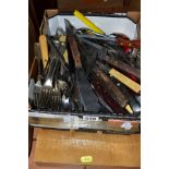 AN EMPTY WOODEN CUTLERY BOX AND A BOX OF LOOSE CUTLERY, including assorted kitchen, utensils