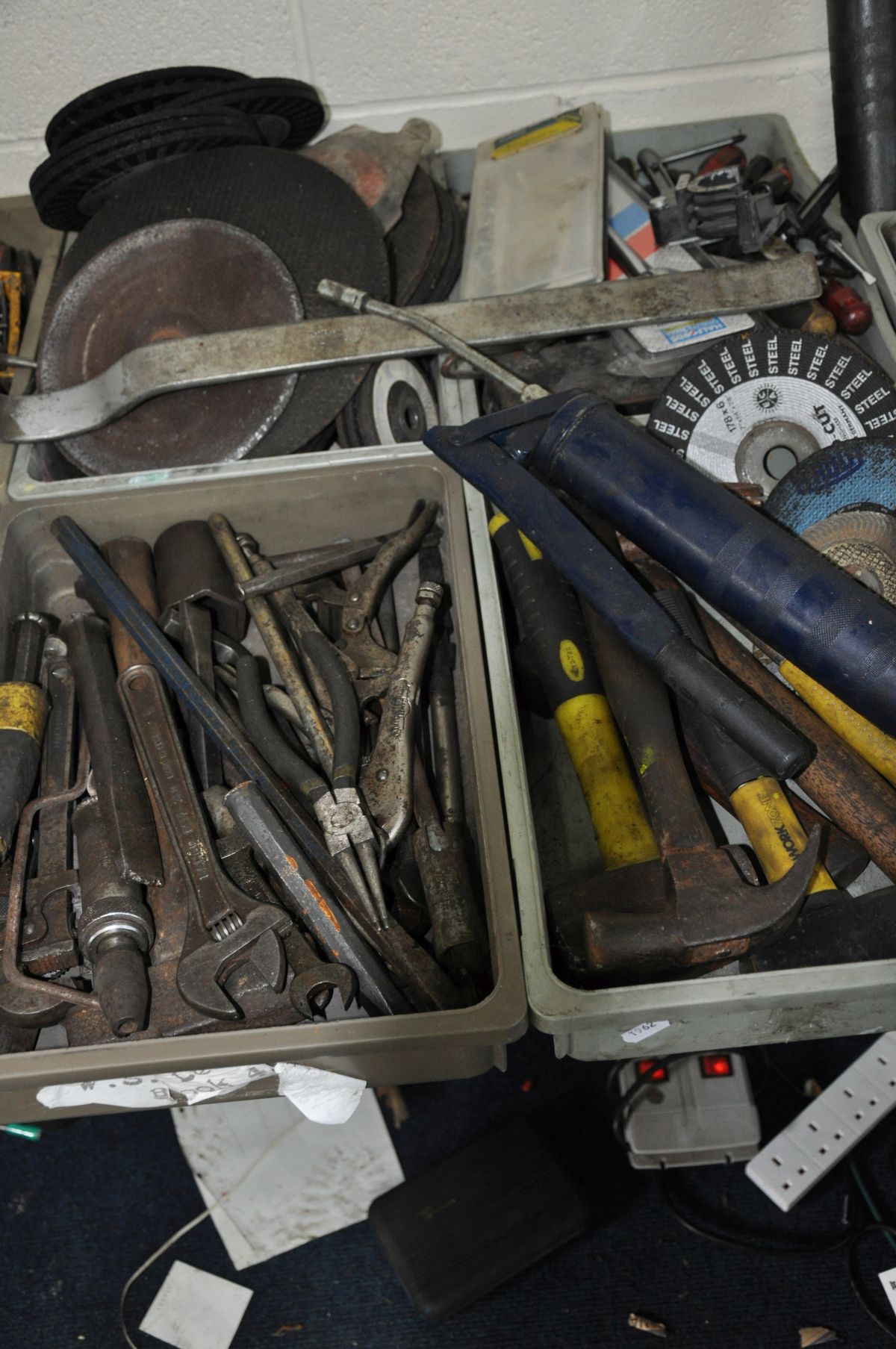 TEN TRAYS CONTAINING TOOLS incjuding drill bits, grease guns, hammers, grinding wheels, etc - Image 3 of 4