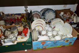 FIVE BOXES AND LOOSE CERAMICS AND GLASSWARE, including a Studio pottery scene of a cinema named '