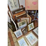 PAINTINGS AND PRINTS, to include a watercolour of children on a beach, initialled WCJ, woodland