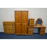 A QUANTITY OF VARIOUS MODERN PINE BEDROOM FURNITURE, to include a modern pine two door wardrobe,