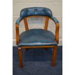 A BEECH BUTTONED BLUE LEATHER TUB CHAIR