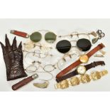 A QUANTITY OF VINTAGE WIRE GLASSES, TWO WRISTWATCHES AND A CROCODILE PURSE, to include eight pairs